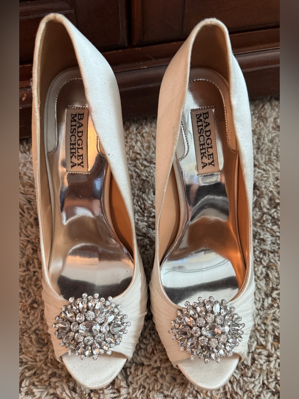 Badgley Mischka Ivory Embellished Peep-Toe Heels